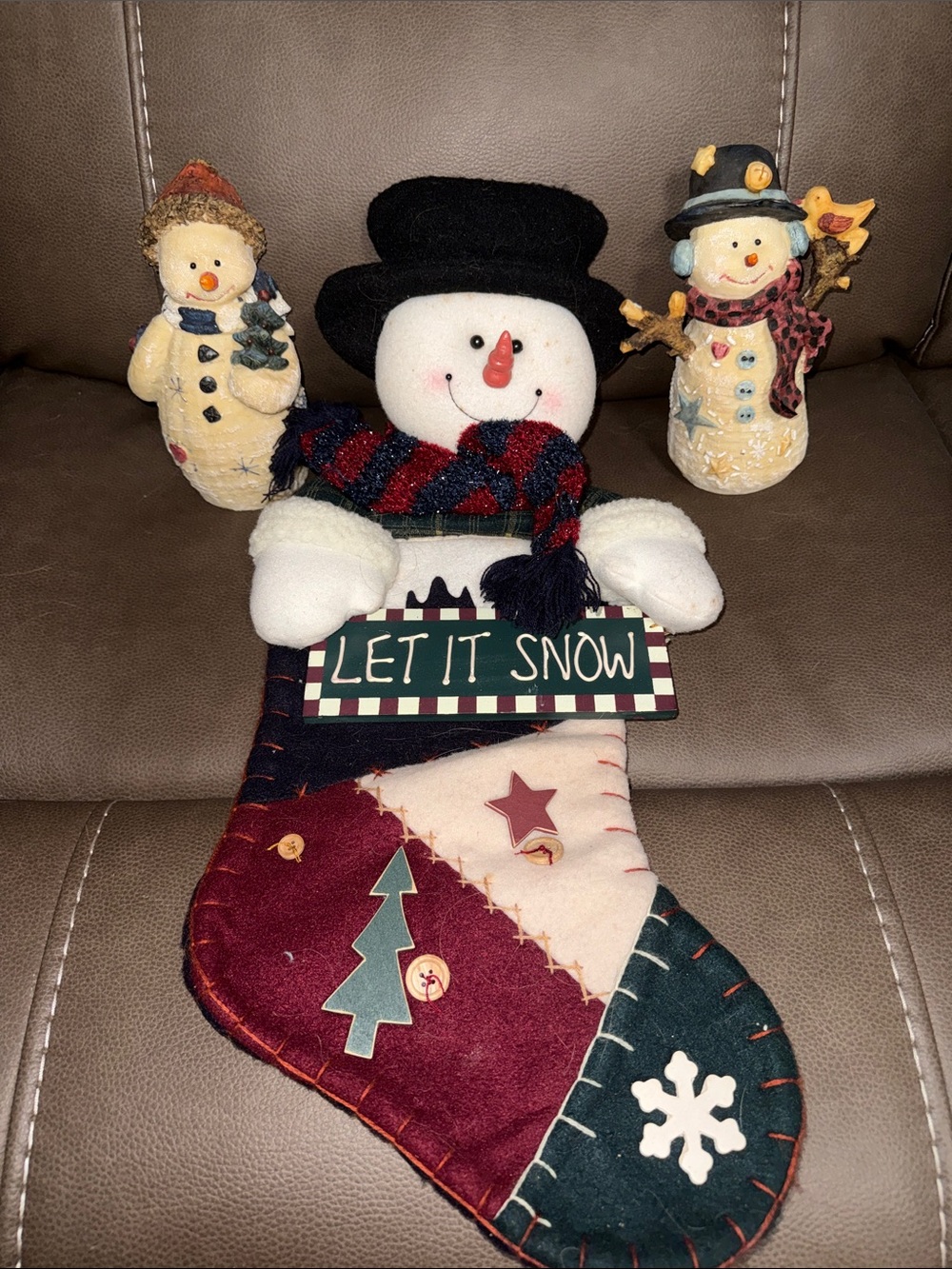Vintage Snowman stocking and snowman figurines
